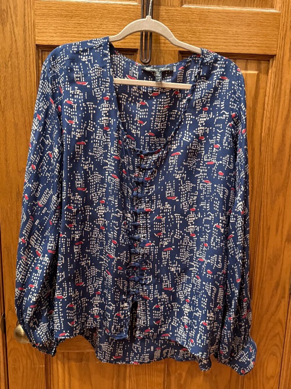Winter Kale Vintage Silk, Navy/Red/White Block Print Blouse, SZ L